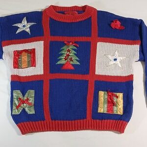 Vintage One Step Up Christmas Sweater Women's M Blue Red Patchwork Holiday Ugly
